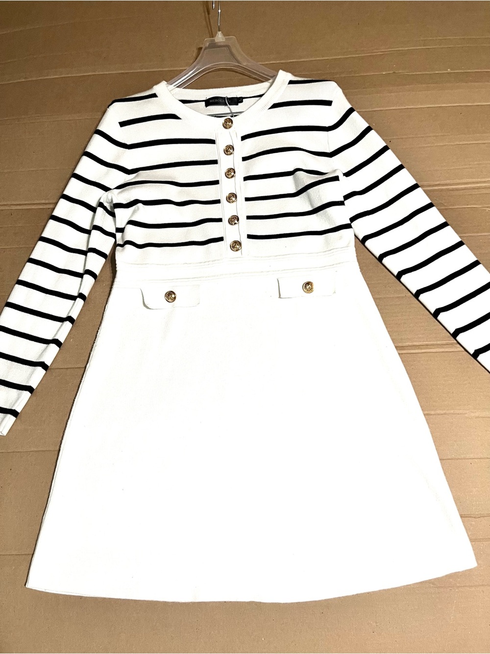 Striped Long-Sleeve Mini Dress with Gold Buttons - White/Black